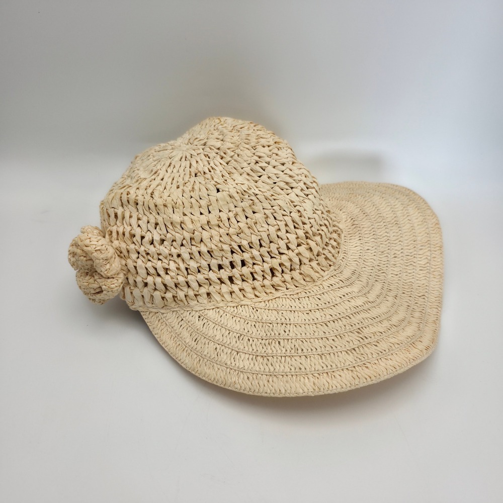 Woven Straw Sun Hat Womens OS Beige Excellent Wide Brim Floral Accent